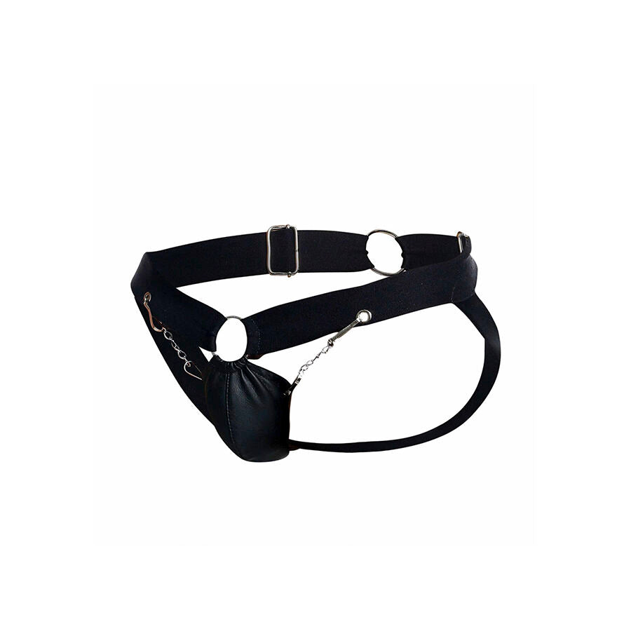 Jockstrap Chainlink MOB em couro sintético preto, mostrando detalhes da corrente e design.