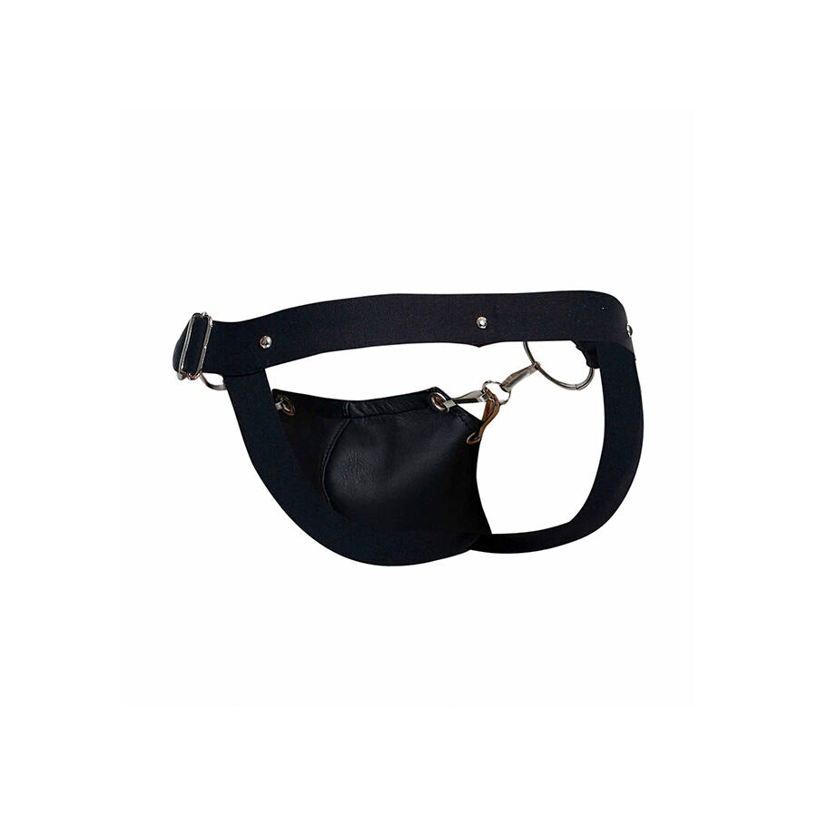 MaleBasics Jockstrap Dngeon Couro Sintético Preto com detalhes de corrente