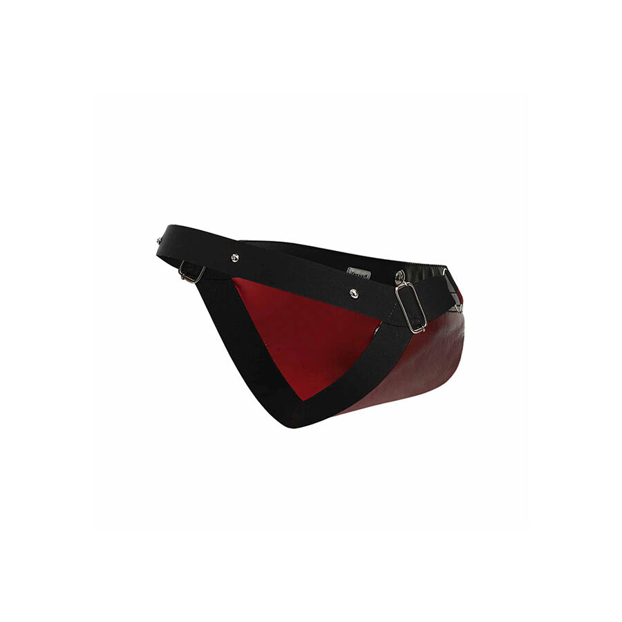 Jockstrap Anel de Pénis MOB DNGEON Vermelho, mostrando o design e material de couro sintético com detalhes em metal.