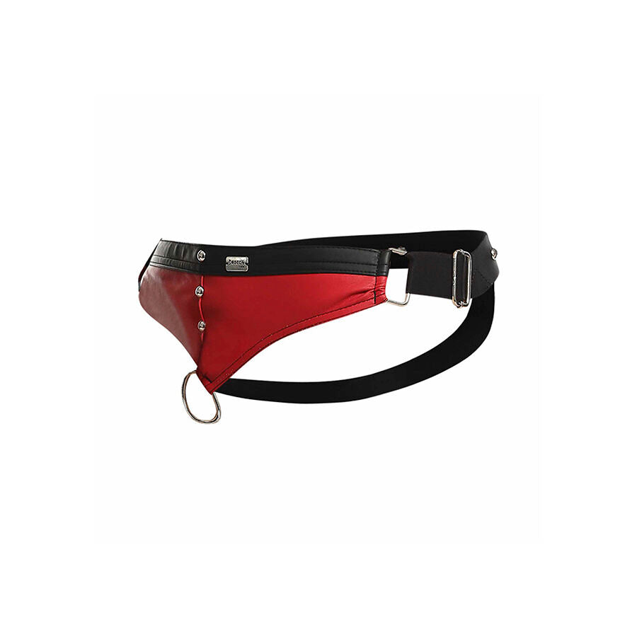 Jockstrap Anel de Pénis MOB DNGEON Vermelho, mostrando o design e material de couro sintético com detalhes em metal.