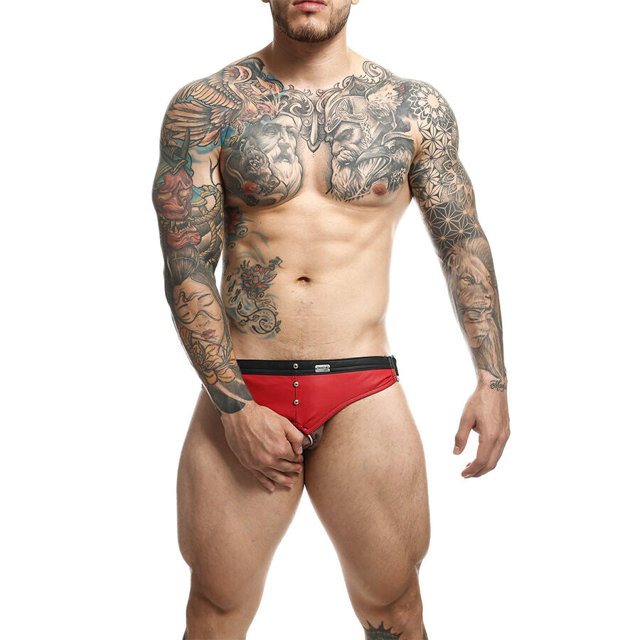 Jockstrap Anel de Pénis MOB DNGEON Vermelho, mostrando o design e material de couro sintético com detalhes em metal.