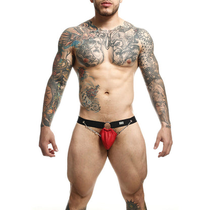 Detalhe do Jockstrap MOB DNGEON Vermelho com Correntes e suporte atlético