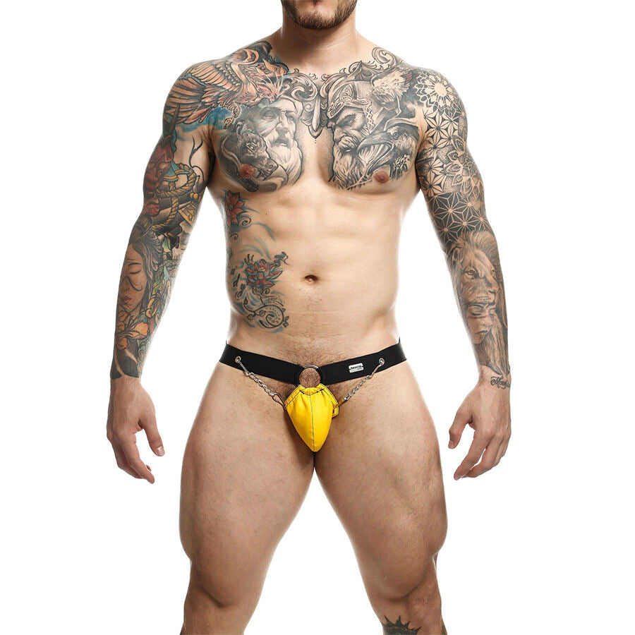 Jockstrap MOB - DNGEON Amarelo com Correntes, destacando o design e os detalhes metálicos.