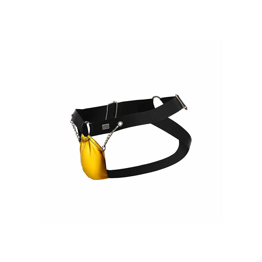 Jockstrap MOB - DNGEON Amarelo com Correntes, destacando o design e os detalhes metálicos.