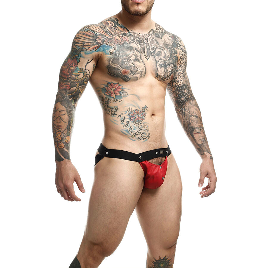 MOB Jockstrap Athlete Vermelho, vista frontal e traseira da peça de lingerie masculina com detalhes metálicos.