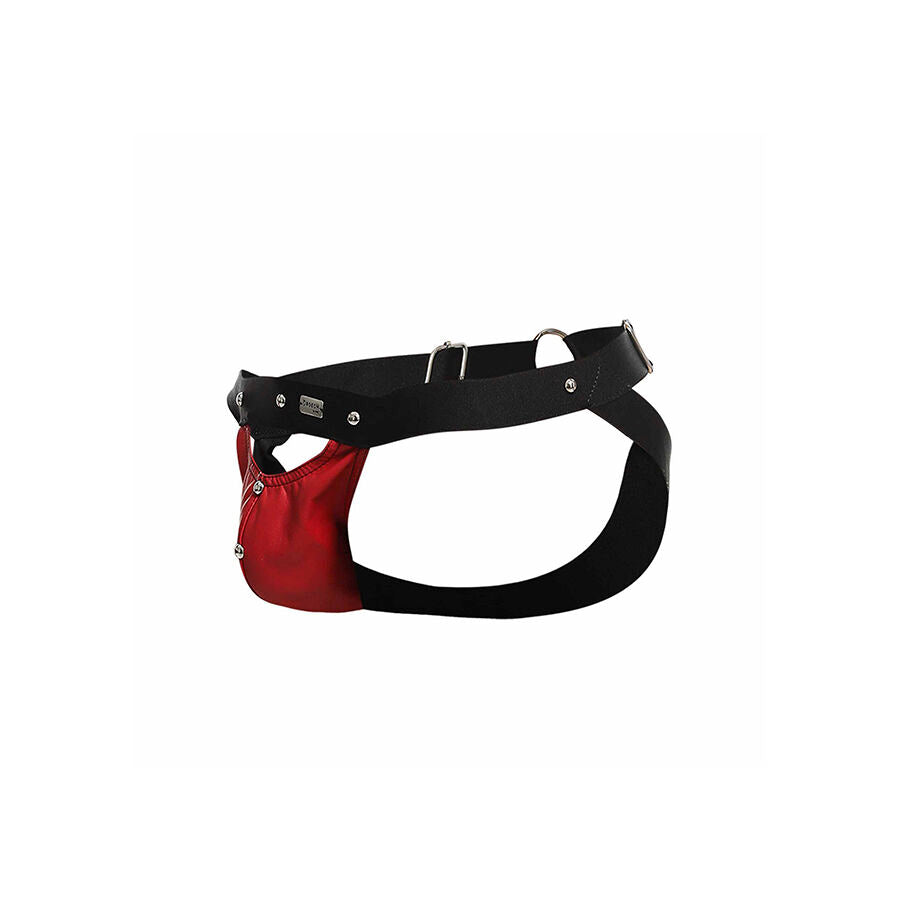 MOB Jockstrap Athlete Vermelho, vista frontal e traseira da peça de lingerie masculina com detalhes metálicos.