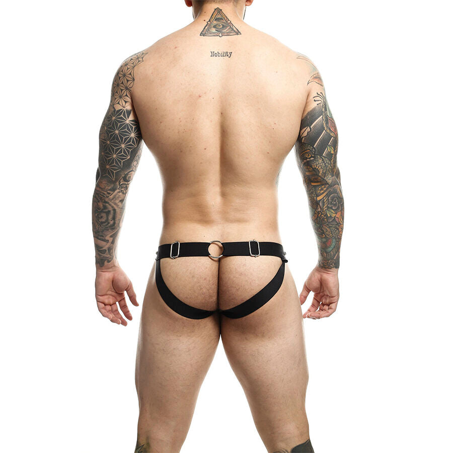 MOB Jockstrap Athlete Vermelho, vista frontal e traseira da peça de lingerie masculina com detalhes metálicos.