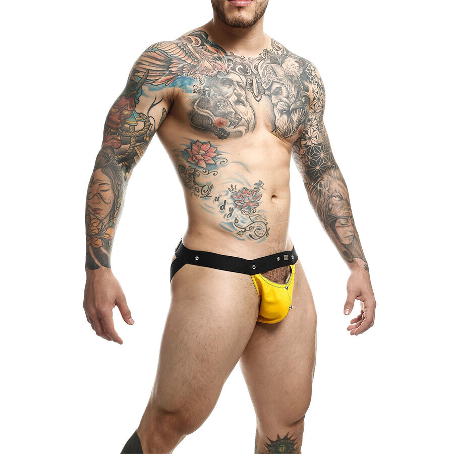 MOB Jockstrap Dngeon Amarelo Desportista mostrando design e material