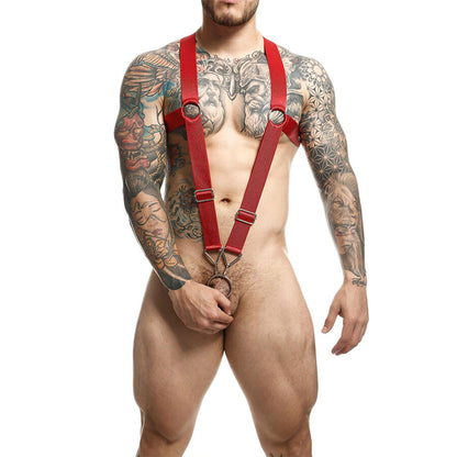 Arnês elástico MOB Cross Back Vermelho com design de costas cruzadas e argolas metálicas.