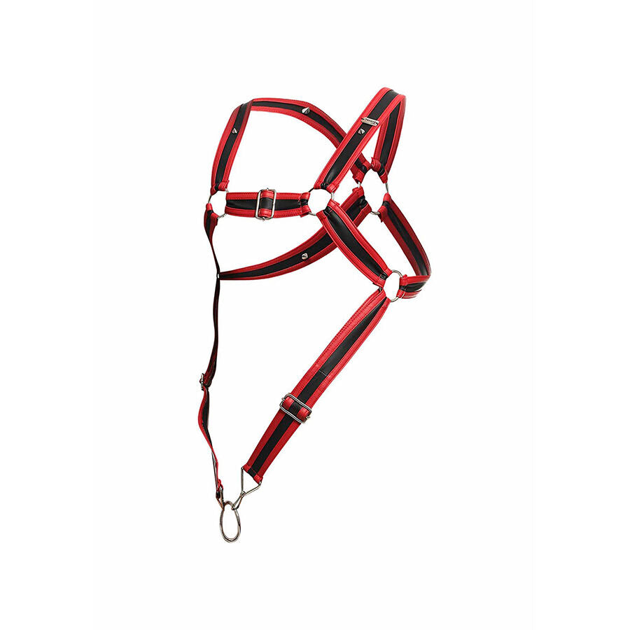 Detalhe do MaleBasics Harness com Anel Peniano Red Crossed, mostrando o design e material.