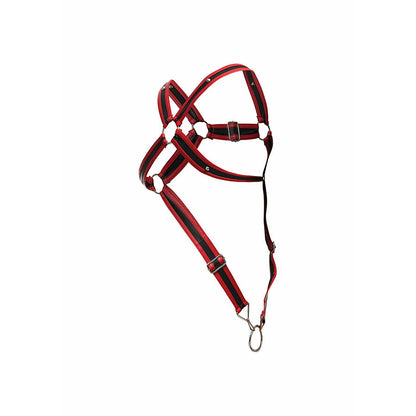Detalhe do MaleBasics Harness com Anel Peniano Red Crossed, mostrando o design e material.