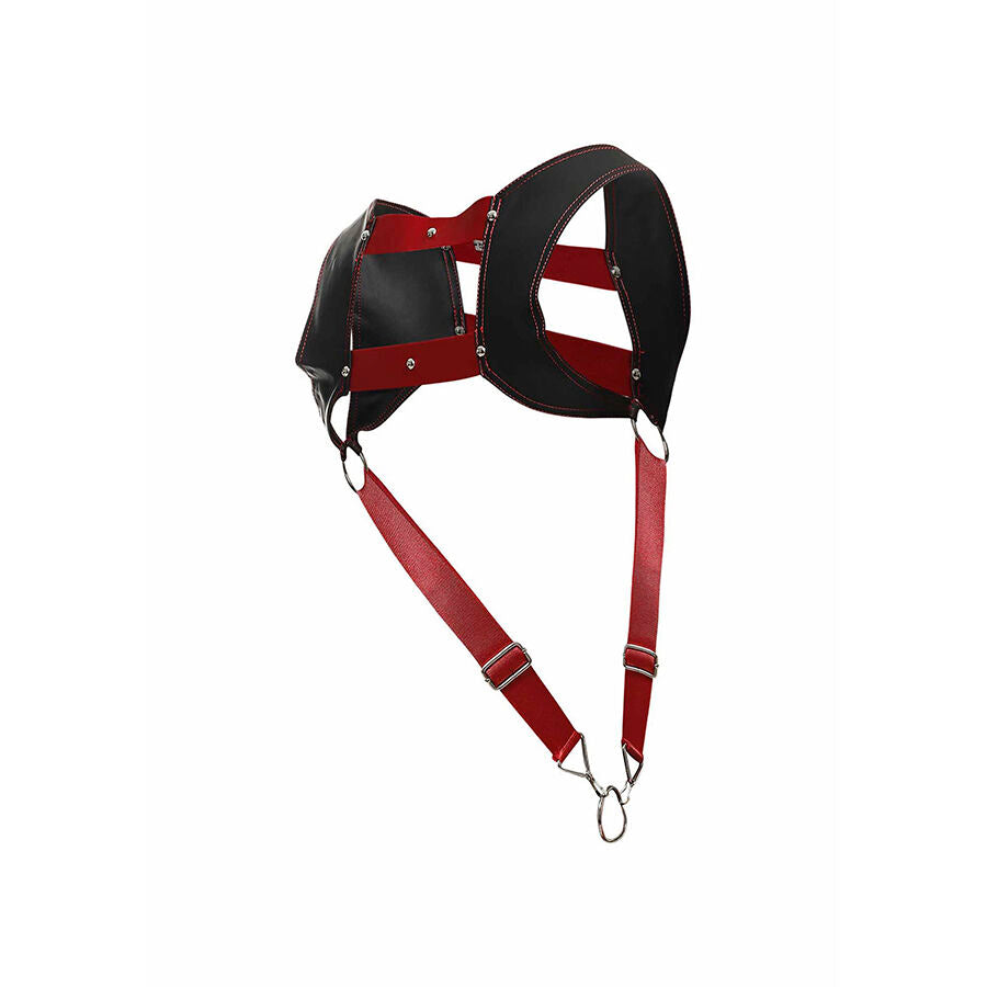 Arnês cropped MOB Dengeon com anel peniano vermelho, feito de couro sintético e metal, em tamanho único.