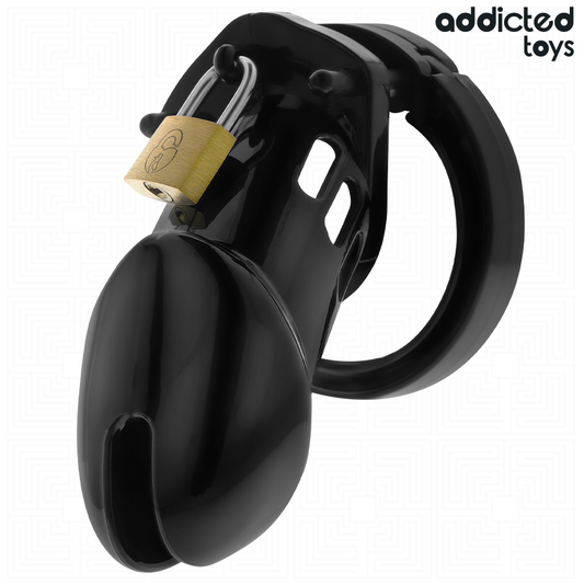 ADDICTED TOYS LOCKED Gaiola de castidade de pênis de obsidiana tamanho M com anéis e fechadura.