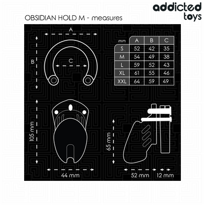ADDICTED TOYS LOCKED Gaiola de castidade de pênis de obsidiana tamanho M com anéis e fechadura.