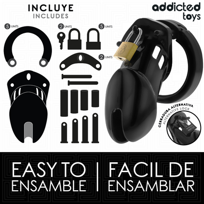 ADDICTED TOYS LOCKED Gaiola de castidade de pênis de obsidiana tamanho M com anéis e fechadura.