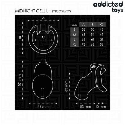 Gaiola peniana ADDICTED TOYS LOCKED Mindnight Cell para controlo e submissão, com anéis de ajuste e fechadura.