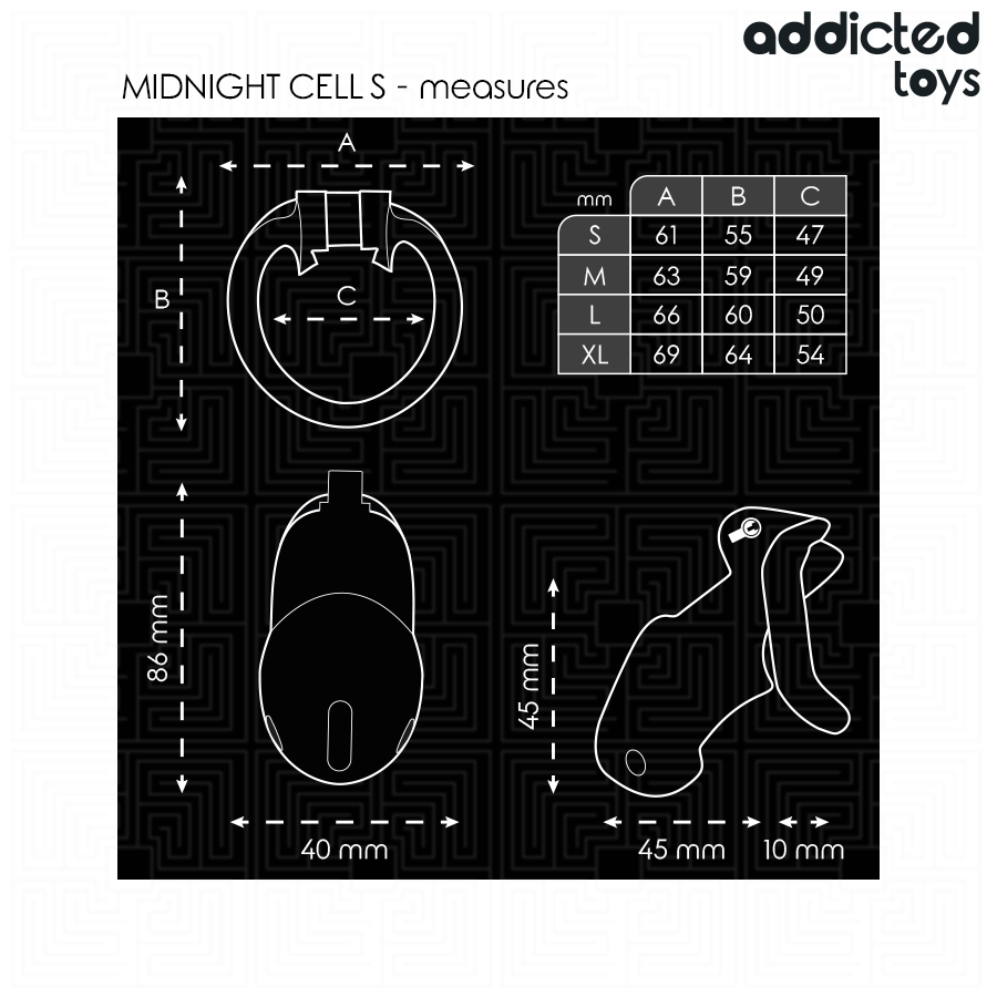 Gaiola peniana ADDICTED TOYS LOCKED Mindnight Cell S com anéis de ajuste e mecanismo de fecho.