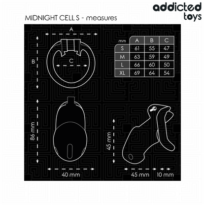 Gaiola peniana ADDICTED TOYS LOCKED Mindnight Cell S com anéis de ajuste e mecanismo de fecho.