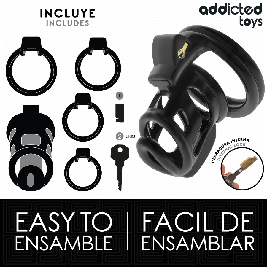 Imagem da Gaiola de Castidade Metálica Addicted Toys Gilden 8.5cm com todos os seus componentes.