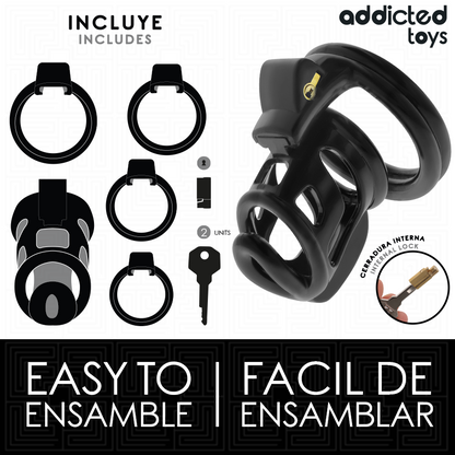 Imagem da Gaiola de Castidade Metálica Addicted Toys Gilden 8.5cm com todos os seus componentes.