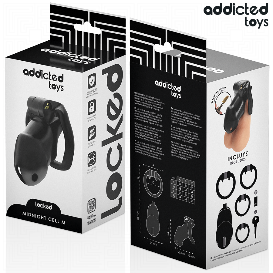 Detalhe da Gaiola Peniana Addicted Toys Locked Mindnight Cell com anéis de ajuste.
