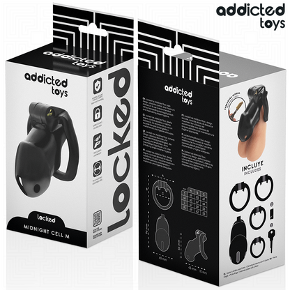 Detalhe da Gaiola Peniana Addicted Toys Locked Mindnight Cell com anéis de ajuste.