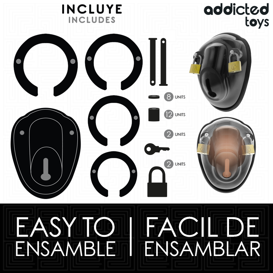 Imagem da Gaiola de Castidade Peniana ADDICTED TOYS LOCKED com acessórios e vista detalhada do design.