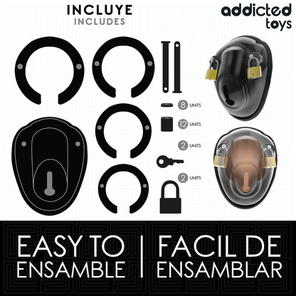 Imagem da Gaiola de Castidade Peniana ADDICTED TOYS LOCKED com acessórios e vista detalhada do design.