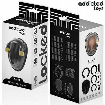 Imagem da Gaiola de Castidade Peniana ADDICTED TOYS LOCKED com acessórios e vista detalhada do design.
