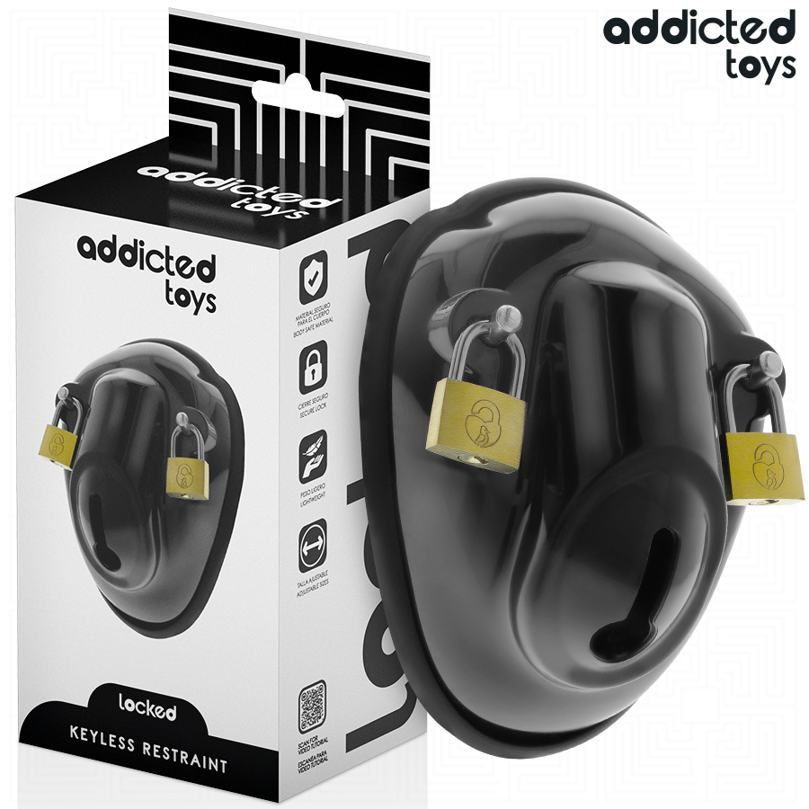 Imagem da Gaiola de Castidade Peniana ADDICTED TOYS LOCKED com acessórios e vista detalhada do design.