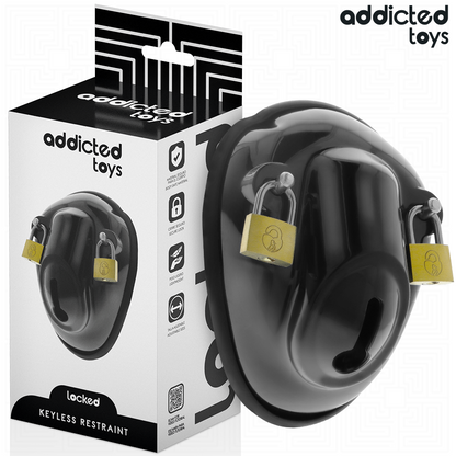 Imagem da Gaiola de Castidade Peniana ADDICTED TOYS LOCKED com acessórios e vista detalhada do design.