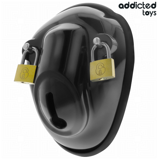 Imagem da Gaiola de Castidade Peniana ADDICTED TOYS LOCKED com acessórios e vista detalhada do design.