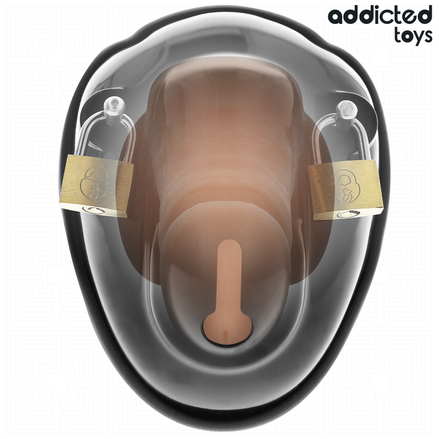 Imagem da Gaiola de Castidade Peniana ADDICTED TOYS LOCKED com acessórios e vista detalhada do design.