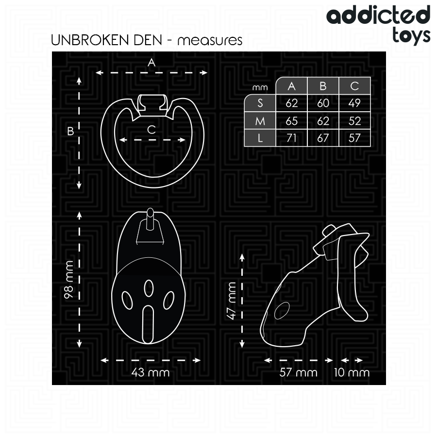Gaiola de castidade ADDICTED TOYS LOCKED inquebrável, com anéis de diferentes tamanhos e cadeado simples.
