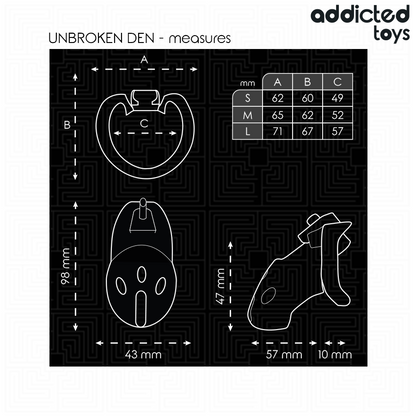 Gaiola de castidade ADDICTED TOYS LOCKED inquebrável, com anéis de diferentes tamanhos e cadeado simples.