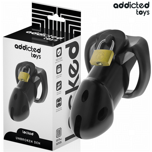 Gaiola de castidade ADDICTED TOYS LOCKED inquebrável, com anéis de diferentes tamanhos e cadeado simples.