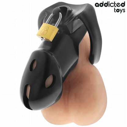 Gaiola de castidade ADDICTED TOYS LOCKED inquebrável, com anéis de diferentes tamanhos e cadeado simples.