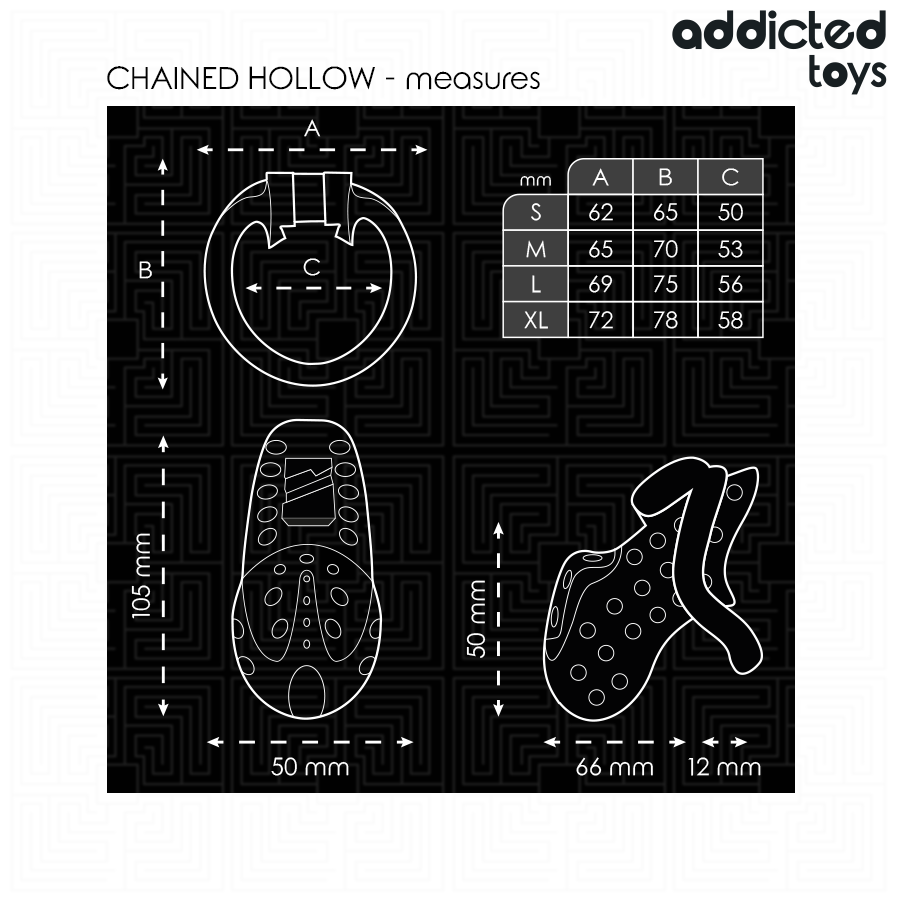 Gaiola de castidade oca ADDICTED TOYS LOCKED com corrente e anéis de tamanhos variados para controlo e submissão.