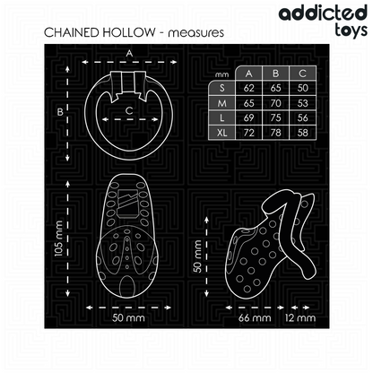 Gaiola de castidade oca ADDICTED TOYS LOCKED com corrente e anéis de tamanhos variados para controlo e submissão.