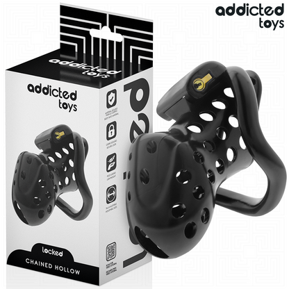 Gaiola de castidade oca ADDICTED TOYS LOCKED com corrente e anéis de tamanhos variados para controlo e submissão.