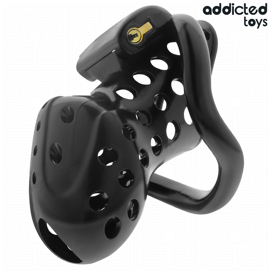 Gaiola de castidade oca ADDICTED TOYS LOCKED com corrente e anéis de tamanhos variados para controlo e submissão.