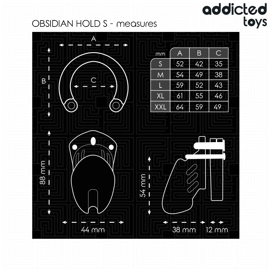 Close-up da Gaiola de Castidade de Obsidiana ADDICTED TOYS LOCKED Tamanho S, mostrando seu design e componentes.