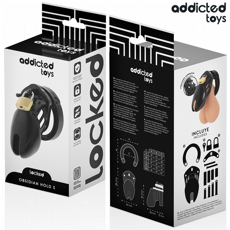 Close-up da Gaiola de Castidade de Obsidiana ADDICTED TOYS LOCKED Tamanho S, mostrando seu design e componentes.