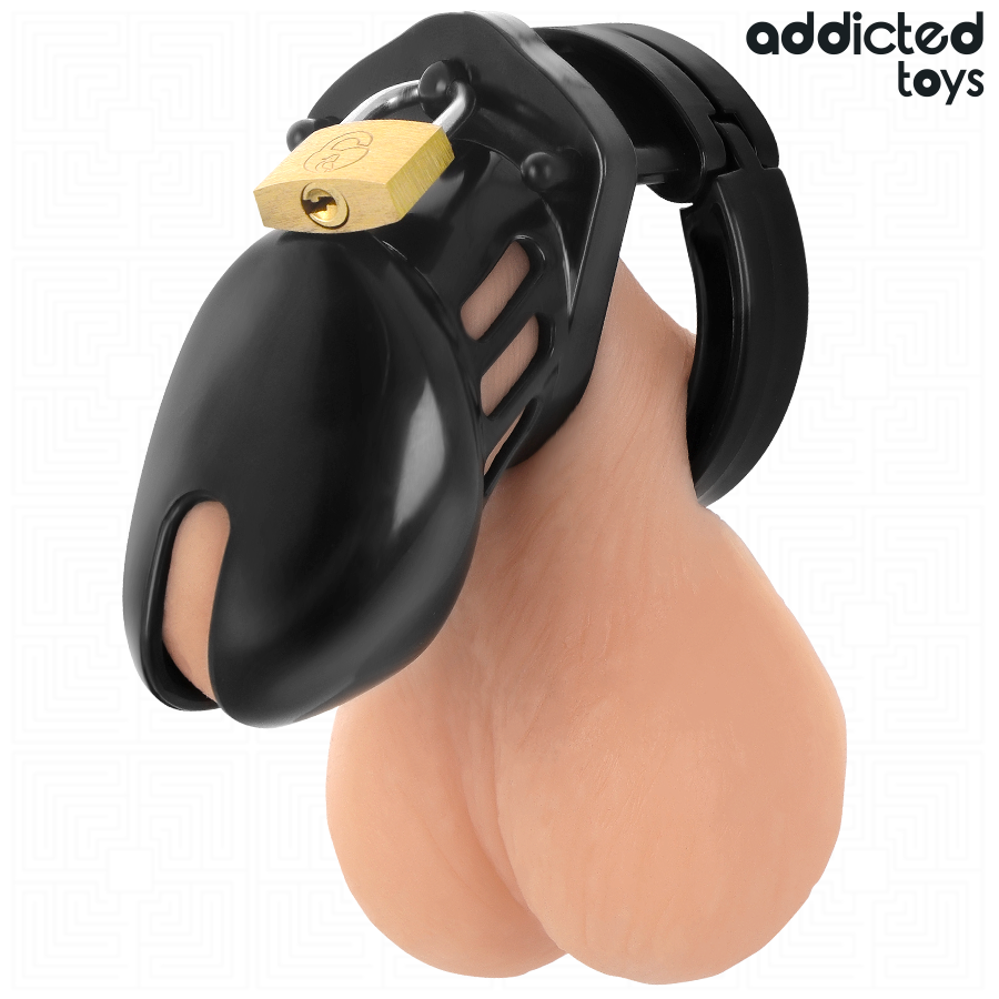 Close-up da Gaiola de Castidade de Obsidiana ADDICTED TOYS LOCKED Tamanho S, mostrando seu design e componentes.