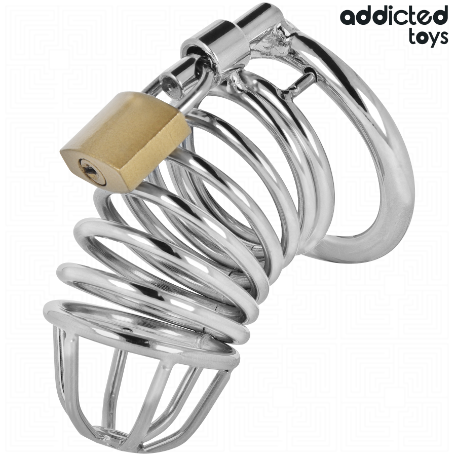 Close-up of the Addicted Toys LOCKED metal penis cage, highlighting its durable construction and secure fit.
