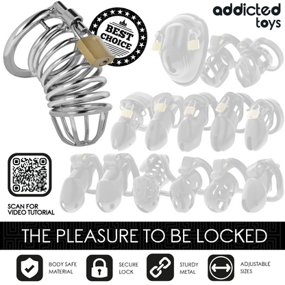 Close-up of the Addicted Toys LOCKED metal penis cage, highlighting its durable construction and secure fit.