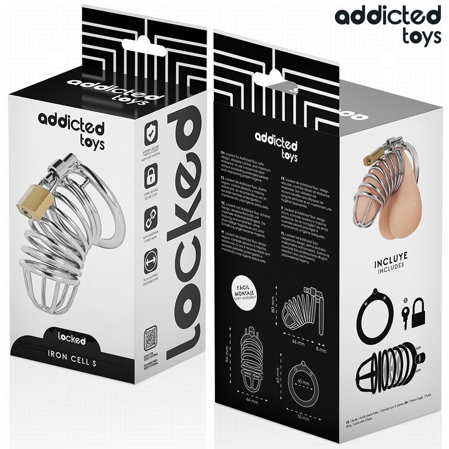 Close-up of the Addicted Toys LOCKED metal penis cage, highlighting its durable construction and secure fit.