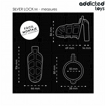 Addicted Toys Gaiola de Pénis Silver Lock, detalhe da trava de prata e design metálico.