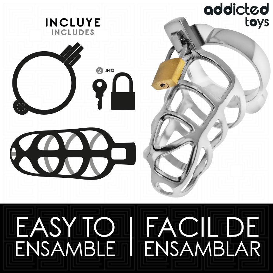 Addicted Toys Gaiola de Pénis Silver Lock, detalhe da trava de prata e design metálico.