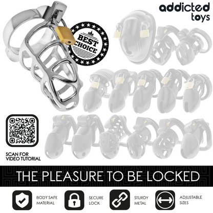 Addicted Toys Gaiola de Pénis Silver Lock, detalhe da trava de prata e design metálico.